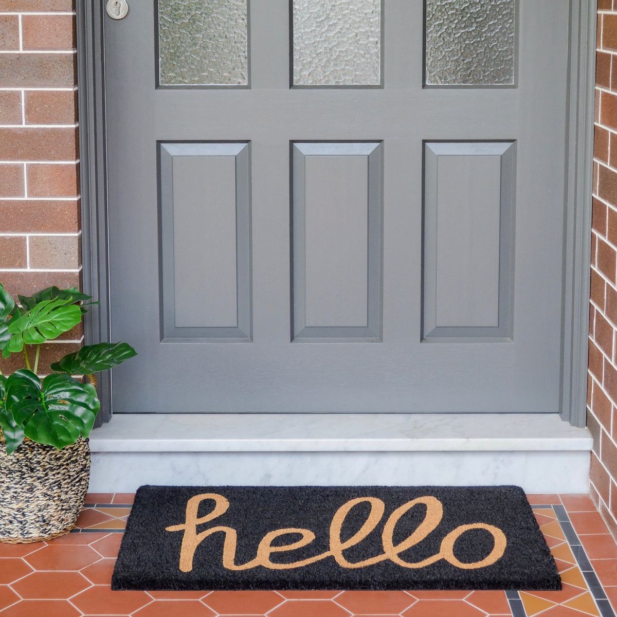 Hello Black And Natural PVC Backed Coir Doormat - Fab Habitat , Doormats, 