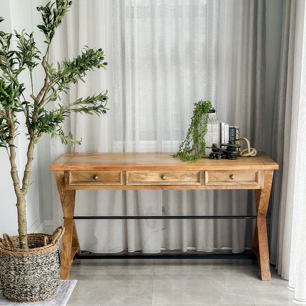 Holmes 3 Drawers Natural Wooden Modern Study Home Office Desk - 142cm - Fab Habitat , Study Desks, 