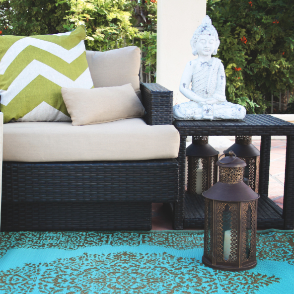 Istanbul Bronze and Aqua Traditional Recycled Plastic Outdoor Rug - Fab Habitat , Recycled Plastic Rugs & Mats, 