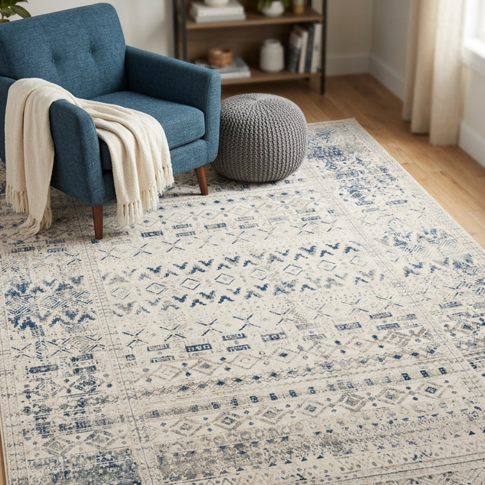 Izmir Navy and White Traditional Distressed Large Rug