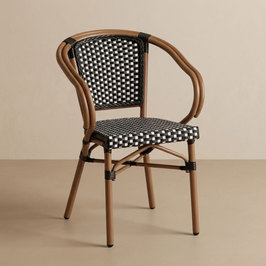 Kobe Black and White Parisian Outdoor Chair with Dark Brown Frame