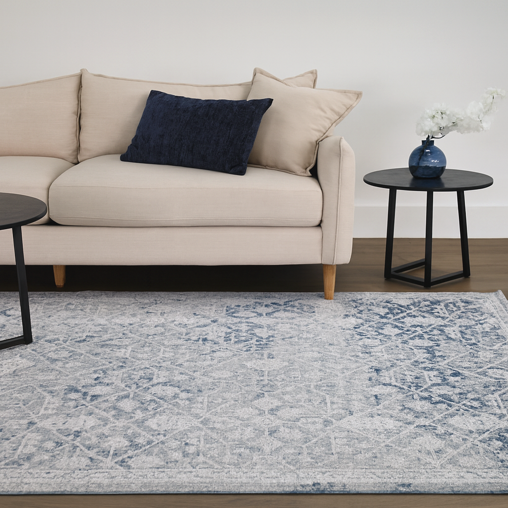 Kure Navy and White Traditional Distrssed Extra Large Rug