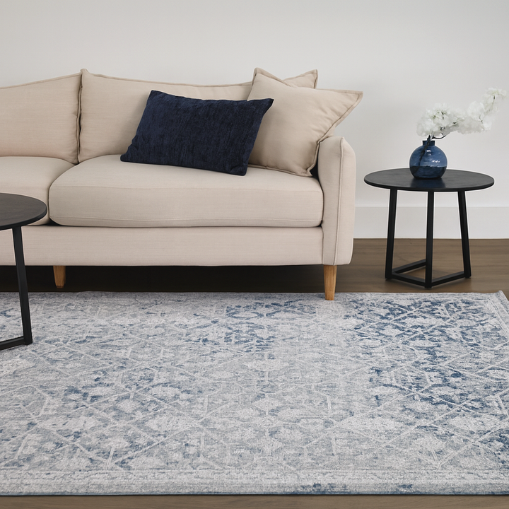 Kure Navy and White Traditional Distrssed Large Rug