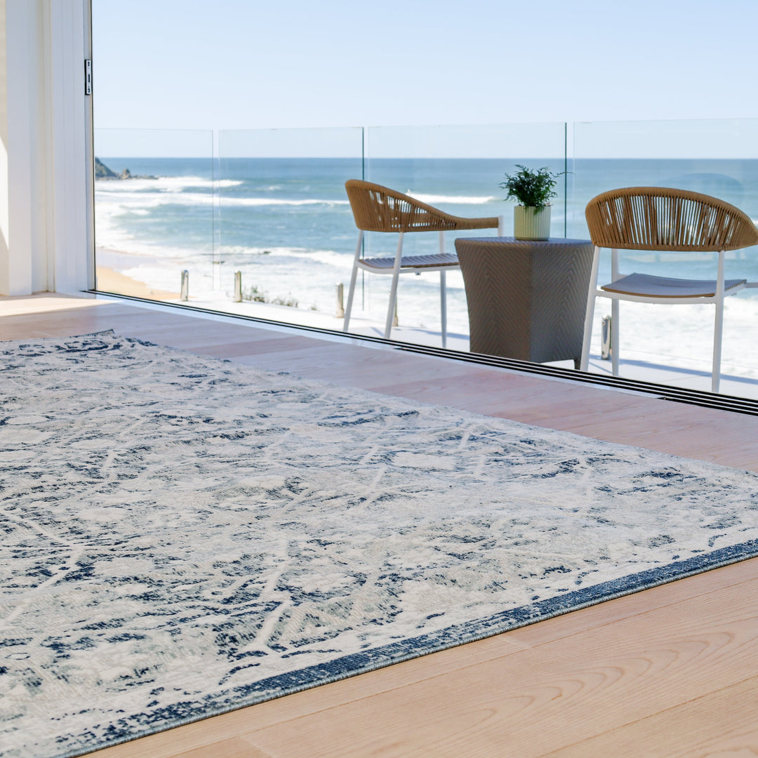 Kure Navy and White Traditional Distrssed Rug