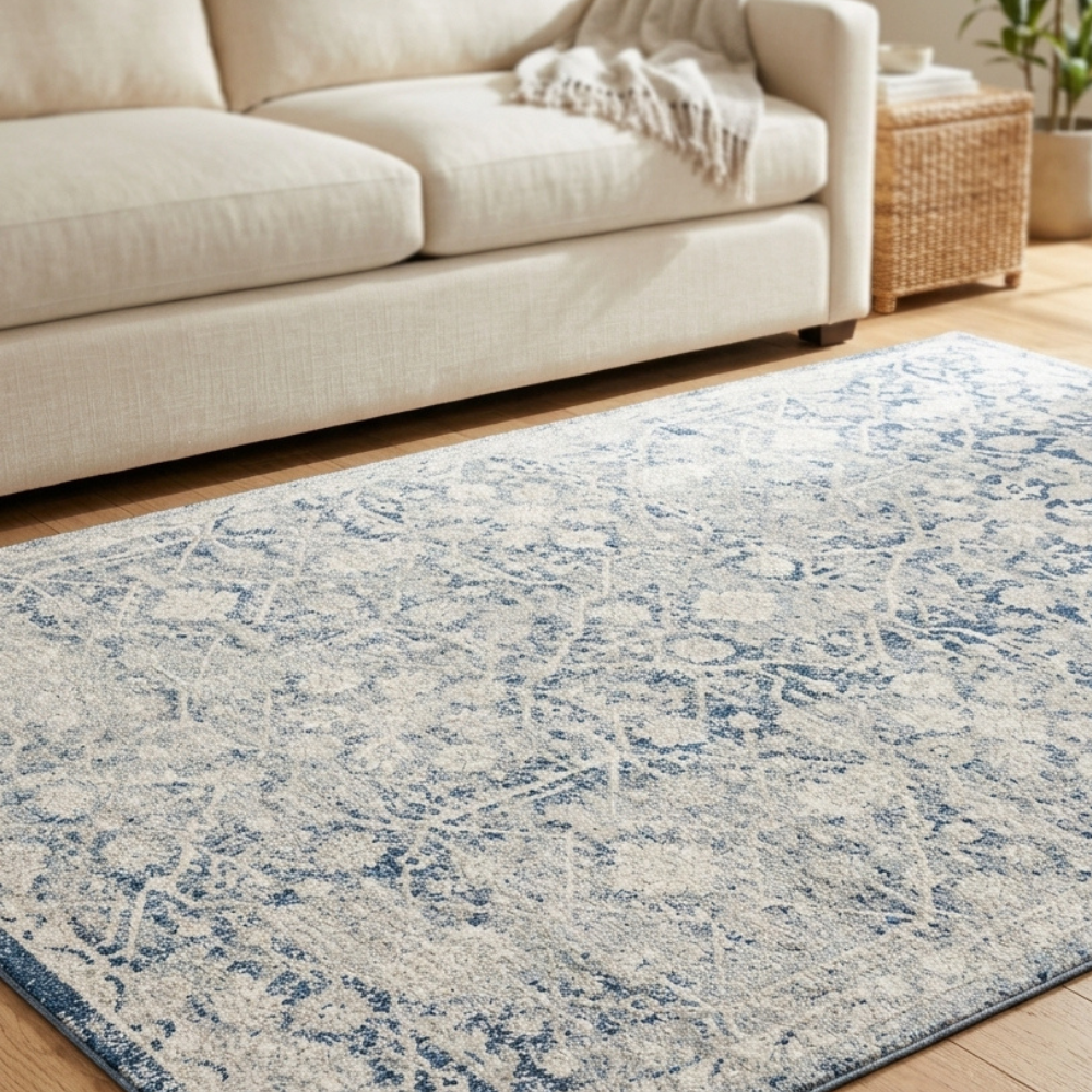 Kure Navy and White Traditional Distrssed Extra Large Rug
