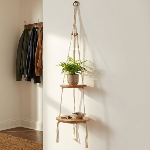 Lho Macramé Hanging Shelf 2-Tier Wooden Floating Shelf
