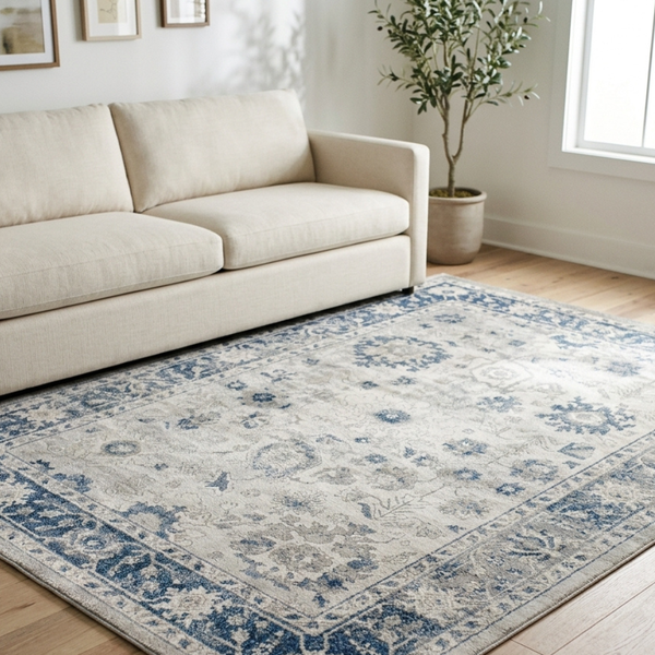 Lupin Navy and White Traditional Distressed Rug