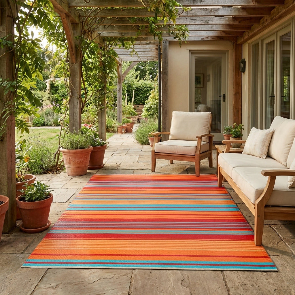 Malibu Multicoloured Striped Recycled Plastic Reversible Outdoor Rug