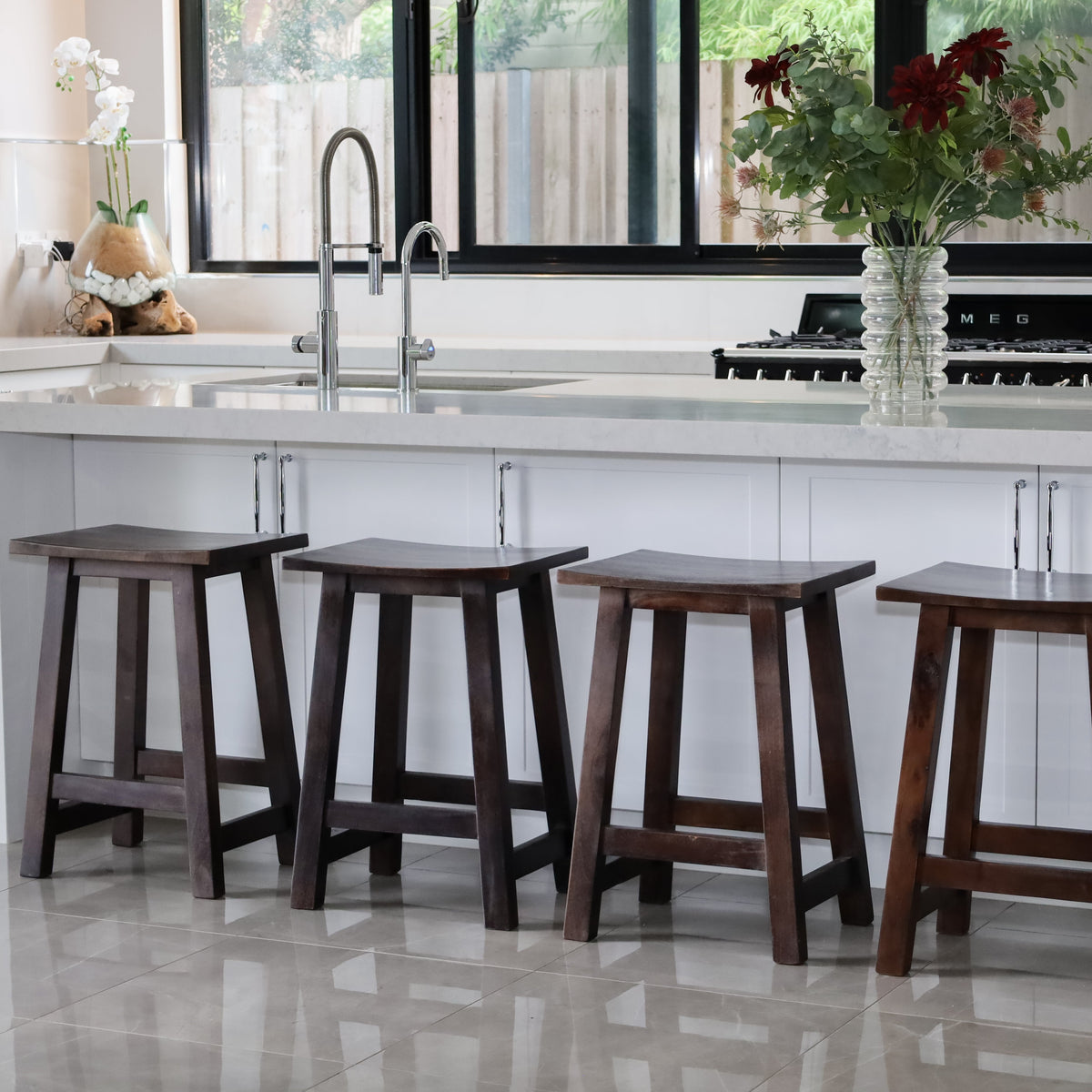 Maya chocolate brown wood stool side view – 45cm height compact seat, buy online in Australia
