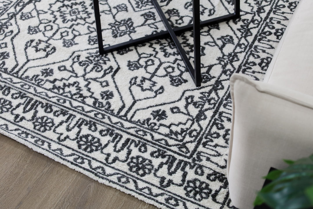 Neel Ivory and Black 100% Wool Rug
