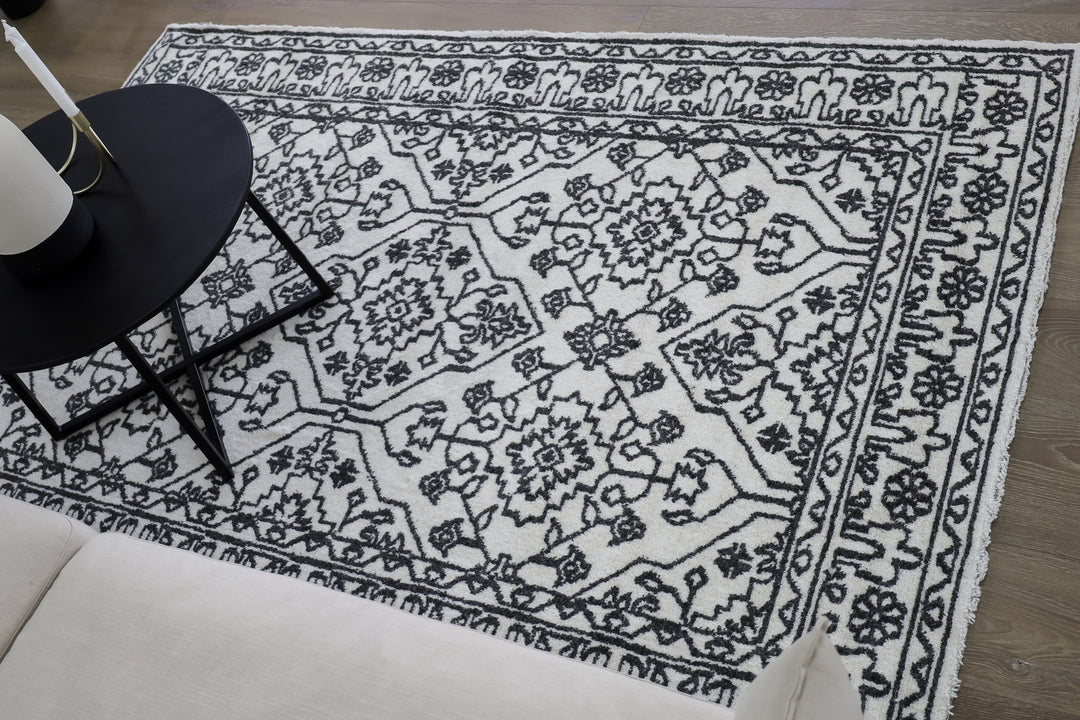 Neel Ivory and Black 100% Wool Rug