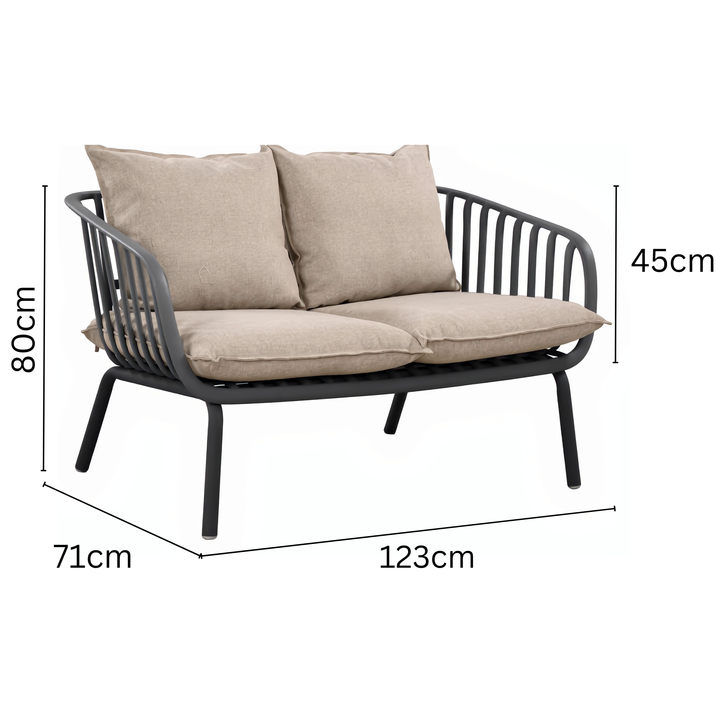 Owen Black Modern Outdoor 2-Seater Sofa with Warm Grey Cushion