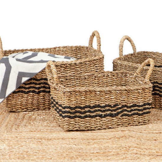 Set Of 3 Palash Handmade Jute & Seagrass Rectangular Storage Basket with Handles - Fab Habitat , Storage Baskets, 