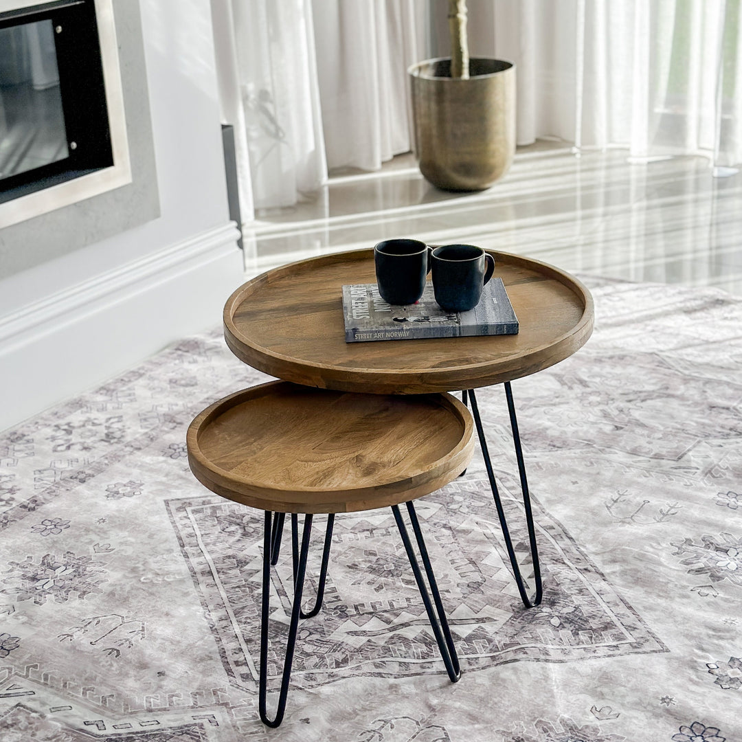 Set Of 2 Purna Round Wooden Nested Tray Coffee Table - Fab Habitat , Coffee Tables, [product_size],