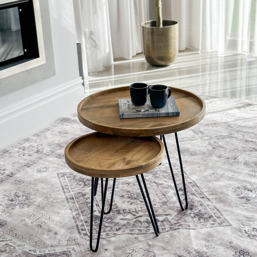 Set Of 2 Purna Round Wooden Nested Tray Coffee Table - Fab Habitat , Coffee Tables, 