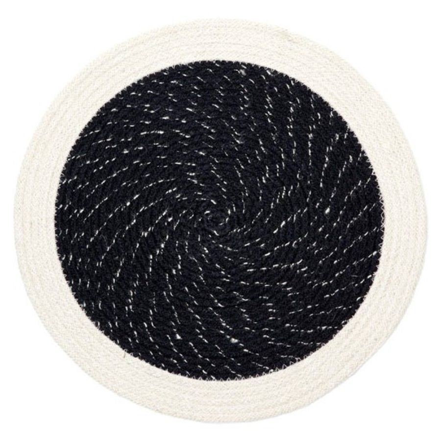 Set Of 4 Rosella Black & Cream Braided 38 cm Jute Round Placemat - Fab Habitat , Placemats, 