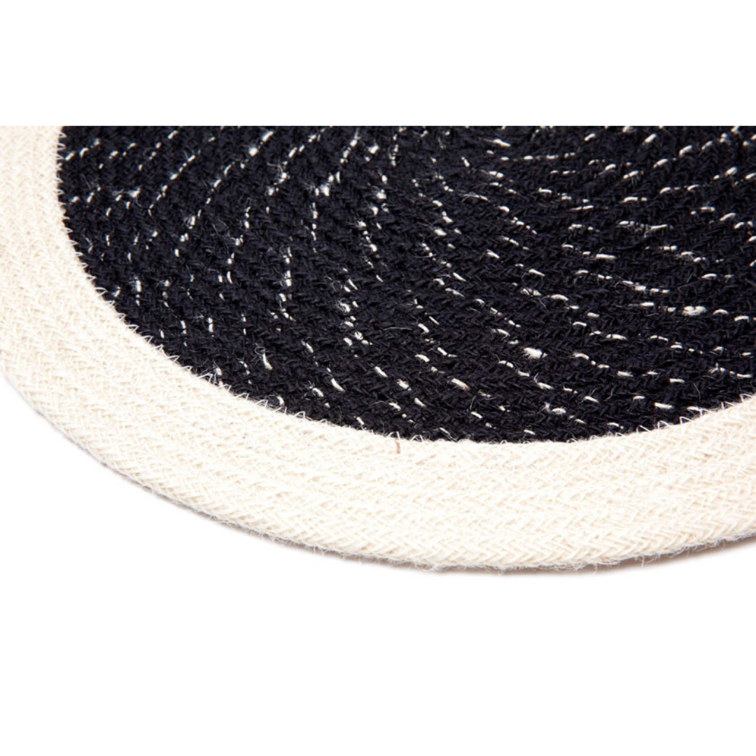 Set Of 4 Rosella Black & Cream Braided 38 cm Jute Round Placemat - Fab Habitat , Placemats, 