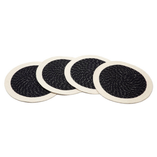 Set Of 4 Rosella Black & Cream Braided 38 cm Jute Round Placemat - Fab Habitat , Placemats, 