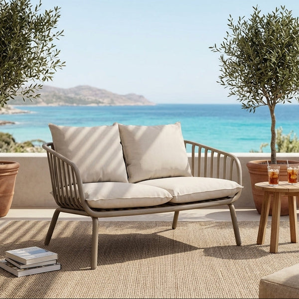 Owen Light Grey Modern Outdoor 2-Seater Sofa with Cream Cushion