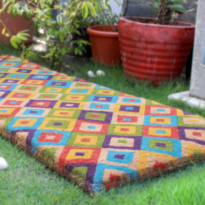 Saman Multicolour Diamond Thick Coir Doormat - Fab Habitat , Doormats, 