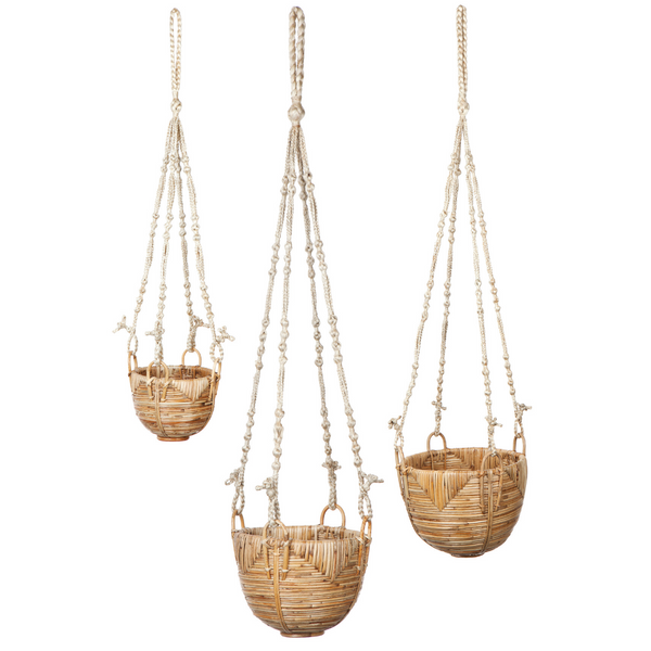 Set Of 3 Savar Handmade Cane Macrame Hanging Planters & Pot Holder - Fab Habitat , Macrame Plant hanger, 