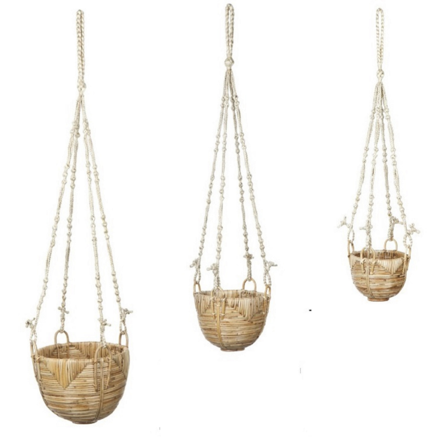 Set Of 3 Savar Handmade Cane Macrame Hanging Planters & Pot Holder - Fab Habitat , Macrame Plant hanger, 