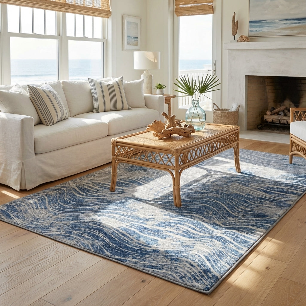 Shikhar Blue Modern Distressed Washable Rug