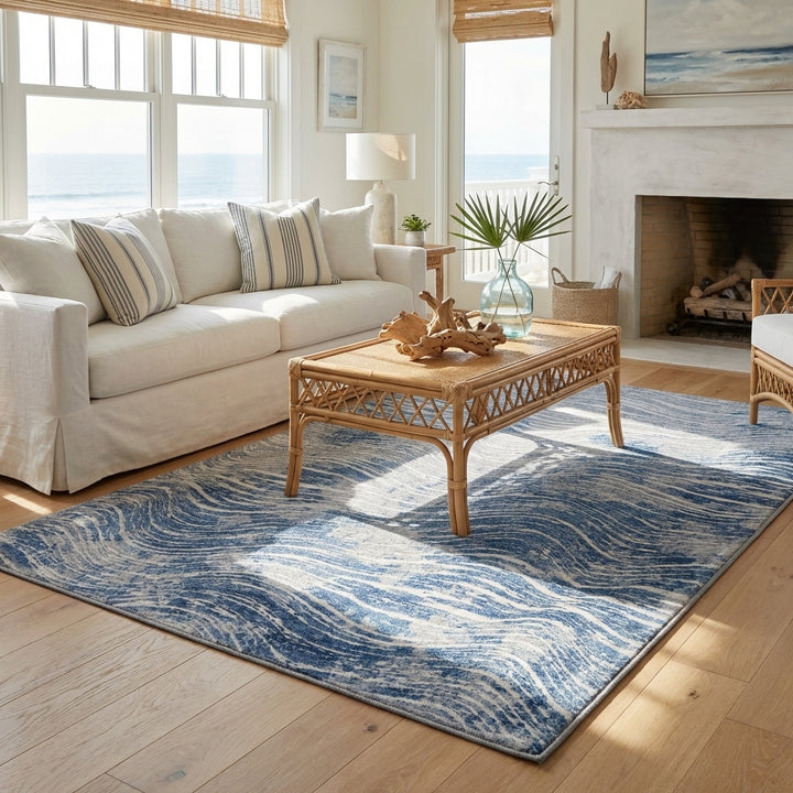 Shikhar Blue Modern Distressed Washable Rug