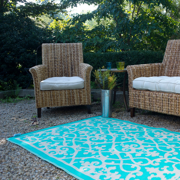 Venice Traditional Recycled Plastic Turquoise and Cream Outdoor Rug - Fab Habitat , Recycled Plastic Rugs & Mats, 