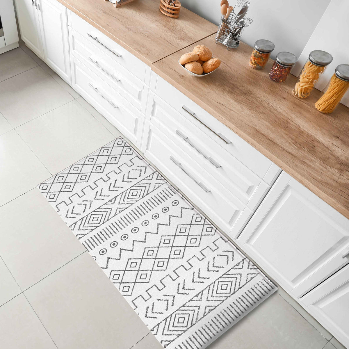 Vento Chevron Grey And White Soft Padded Kitchen Mat - Fab Habitat , Soft Padded Kitchen Mats, 