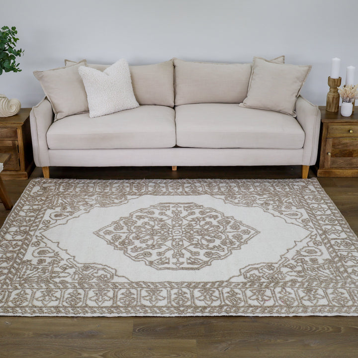 Vidhi Ivory and Beige 100% Wool Rug
