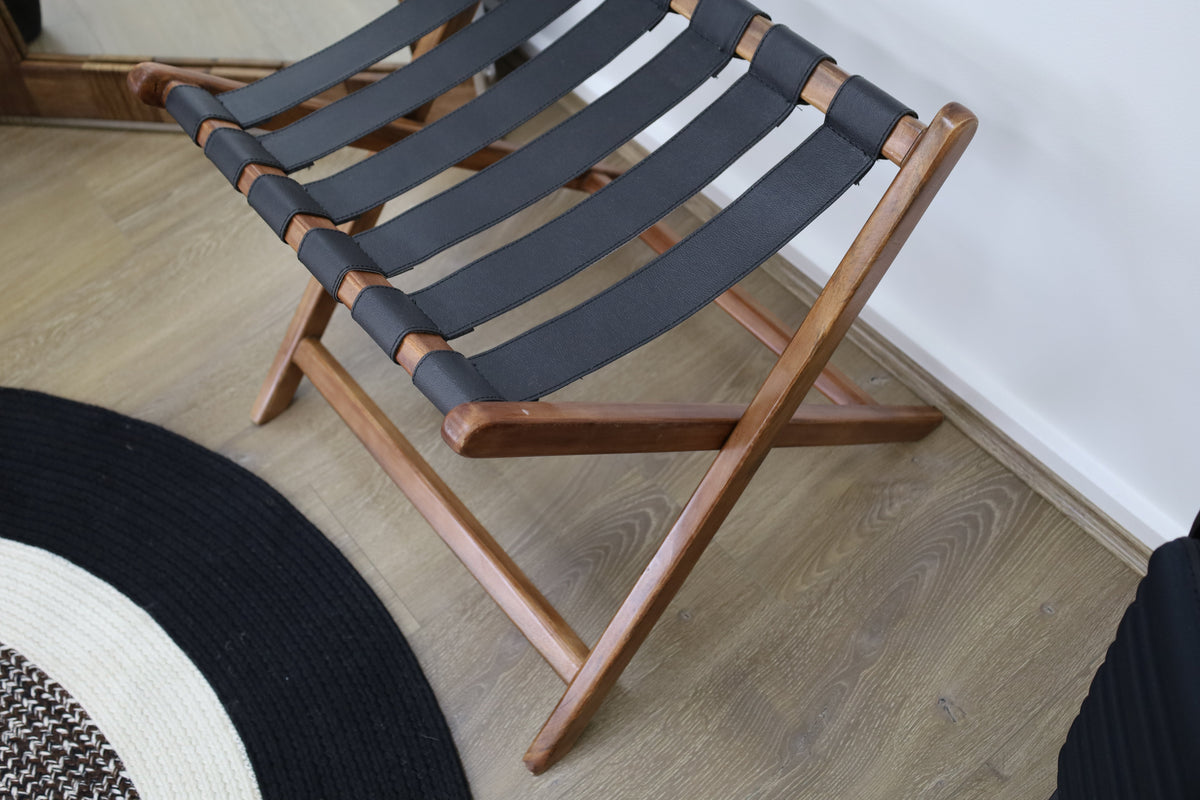 Front view of Wani luggage-style side table – wooden finish with leather straps, buy online in Australia