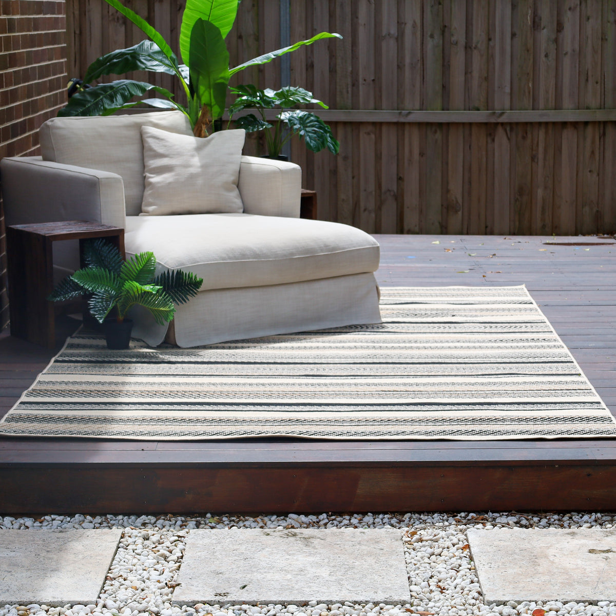 Zahra plastic floor rug on wooden deck – tribal pattern, 180x270cm, buy online in Australia