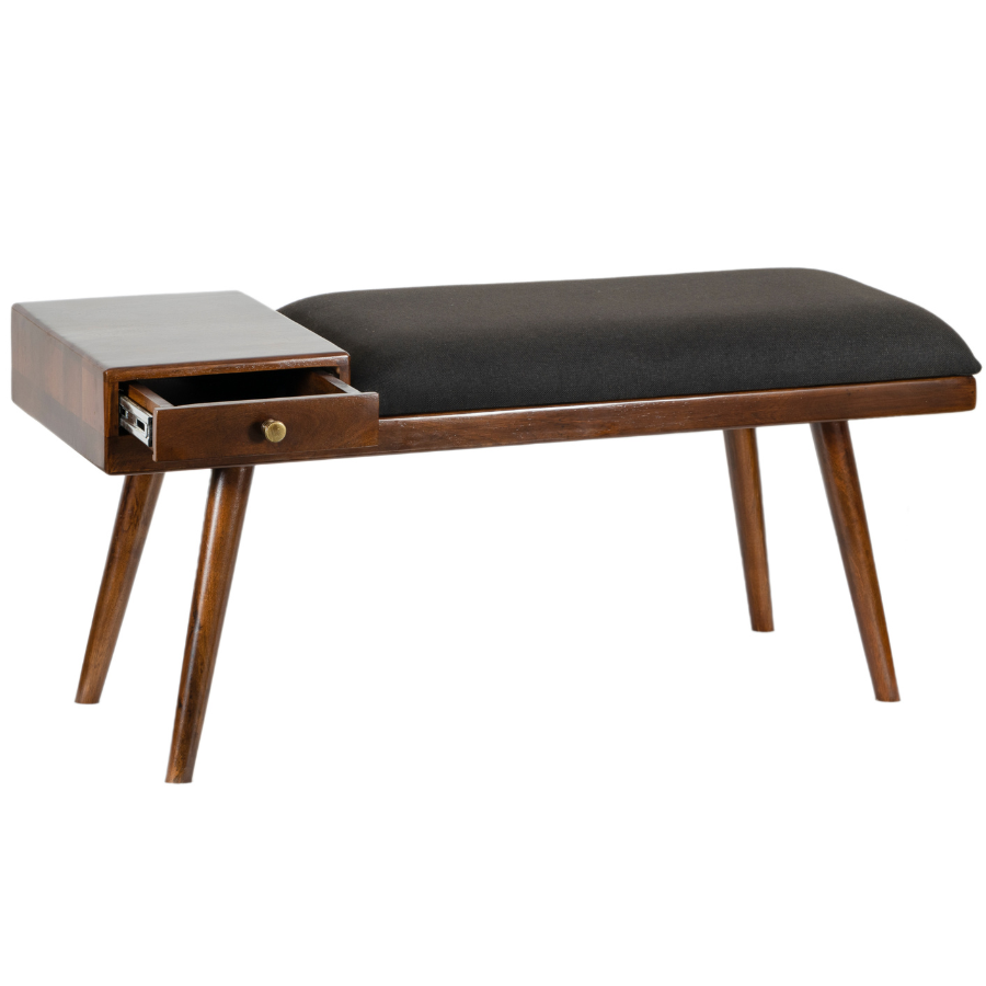 Castor Charcoal Fabric & Wood Seating Entryway Bench with Drawer - 100 cm - Benches Fab Habitat