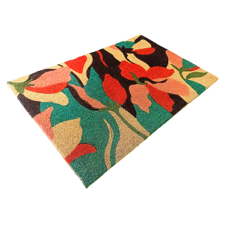 Flowers Blue PVC Backed Coir Doormat - Doormats Fab Habitat