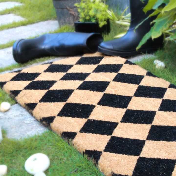 Diamond Pattern Black & Natural PVC Backed Long Doormat - Doormats Fab Habitat