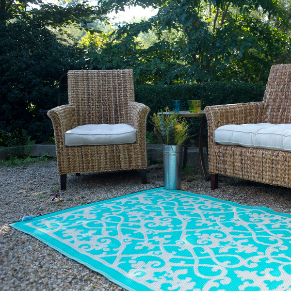Venice Turquoise and Cream Traditional Outdoor Area Rug - Recycled Plastic Rugs & Mats Fab Habitat