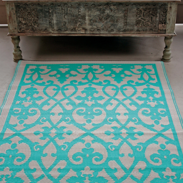 Venice Turquoise and Cream Traditional Outdoor Area Rug - Recycled Plastic Rugs & Mats Fab Habitat