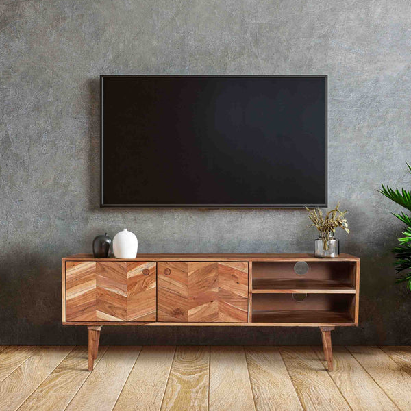 Flinders Herringbone 2 Doors & 2 Shelves Mango Wood Entertainment TV Unit with Storage - Fab Habitat , TV Units, 