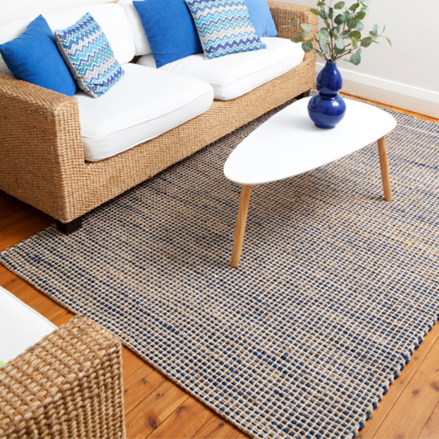 IRIS Indigo Blue Natural Jute and Cotton Large Rug - Jute Rug Fab Habitat