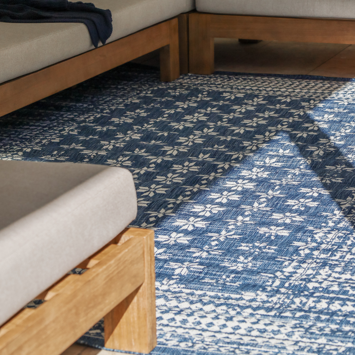 Pearl Blue Floral Polypropylene Large Rug - Outdoor Rugs Fab Habitat