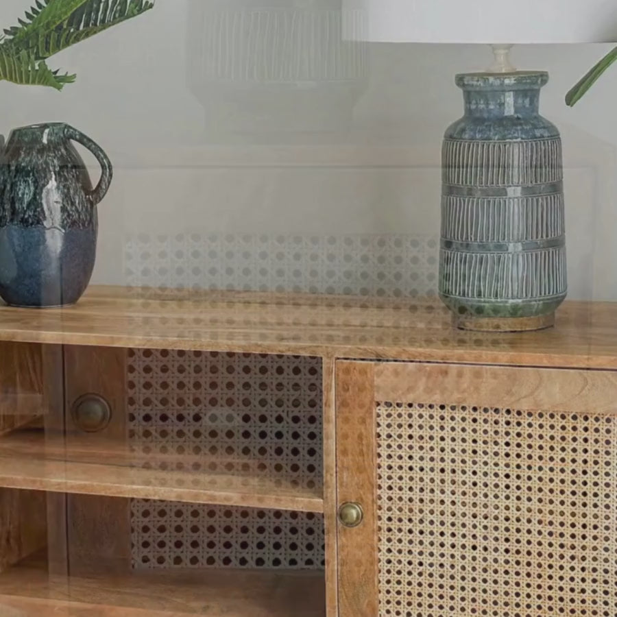 Byron Solid Wood Rattan 140 cm Modern Entertainment TV Unit with Storage
