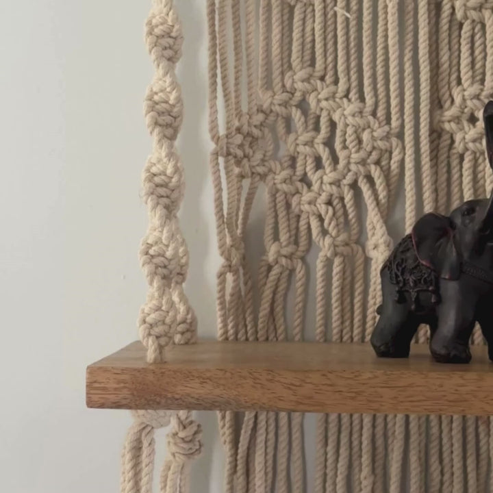 Kibber Handcrafted Macramé Wall Hanging with Wooden Shelf