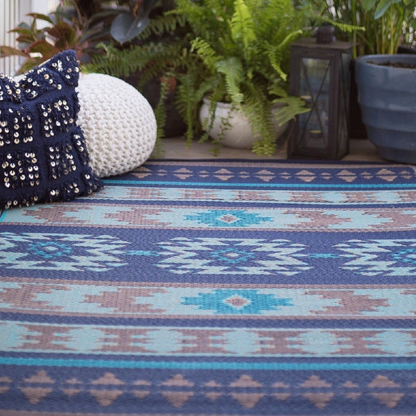 Cusco Tribal Blue Toned Recycled Plastic Reversible Outdoor Rug - Recycled Plastic Rugs & Mats Fab Habitat