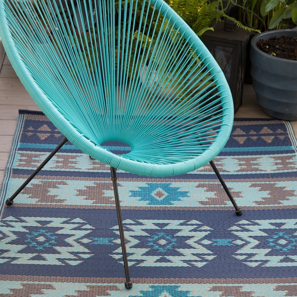 Cusco Tribal Blue Toned Recycled Plastic Reversible Large Mat - Recycled Plastic Rugs & Mats Fab Habitat
