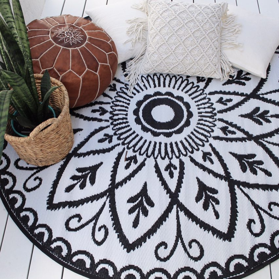 Benaras Black and White Floral Reversible Large Outdoor Rug - Recycled Plastic Rugs & Mats Fab Habitat
